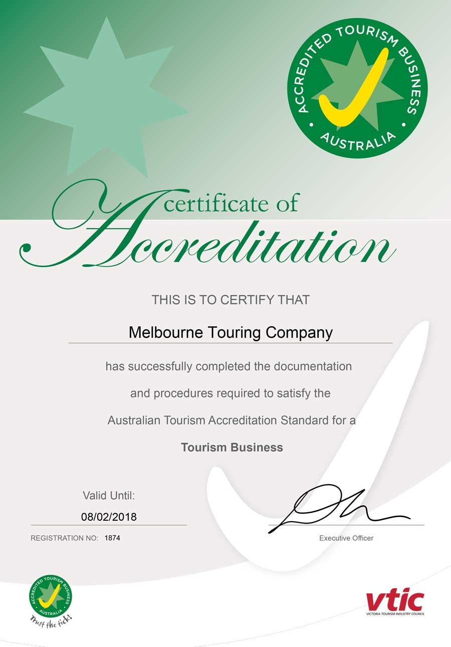 Certificate of accreditation - Melbourne Touring Company